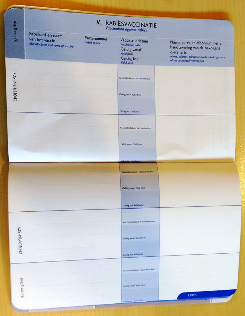 Pagina voor rabiës vaccinaties in nieuw dierenpaspoort.