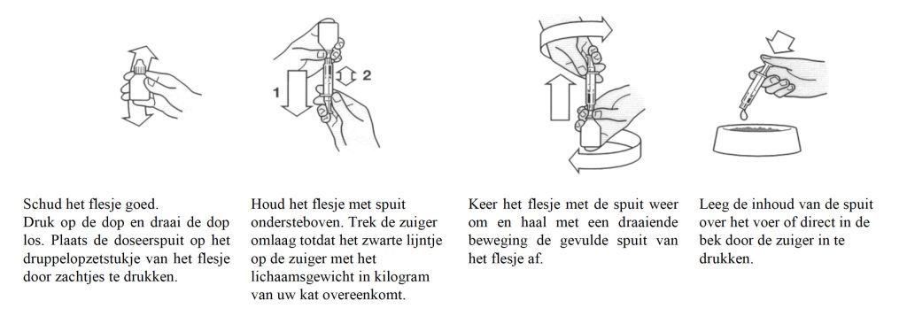Dierenkliniek Tiel-Drumpt: toediening van metacam vloeibaar voor de kat.