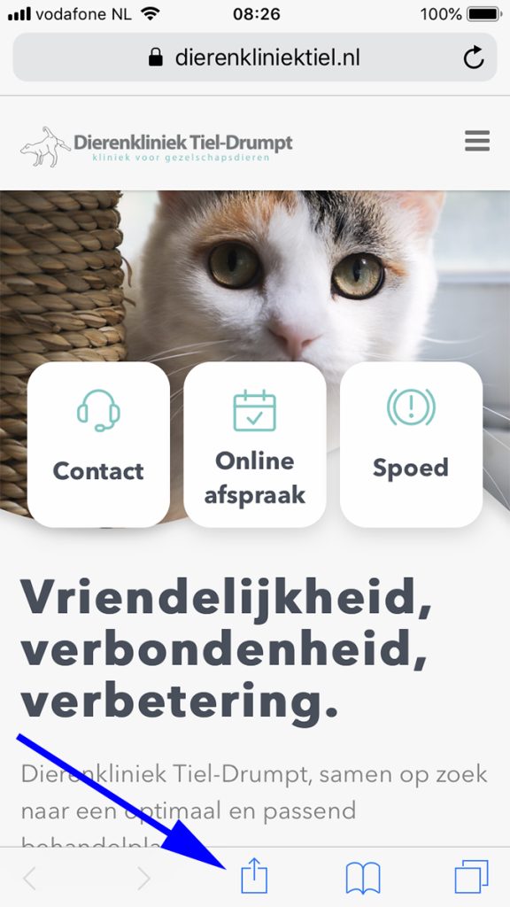 Dierenkliniek Tiel-Drumpt: Nieuwe homepage op de website op startscherm zetten.