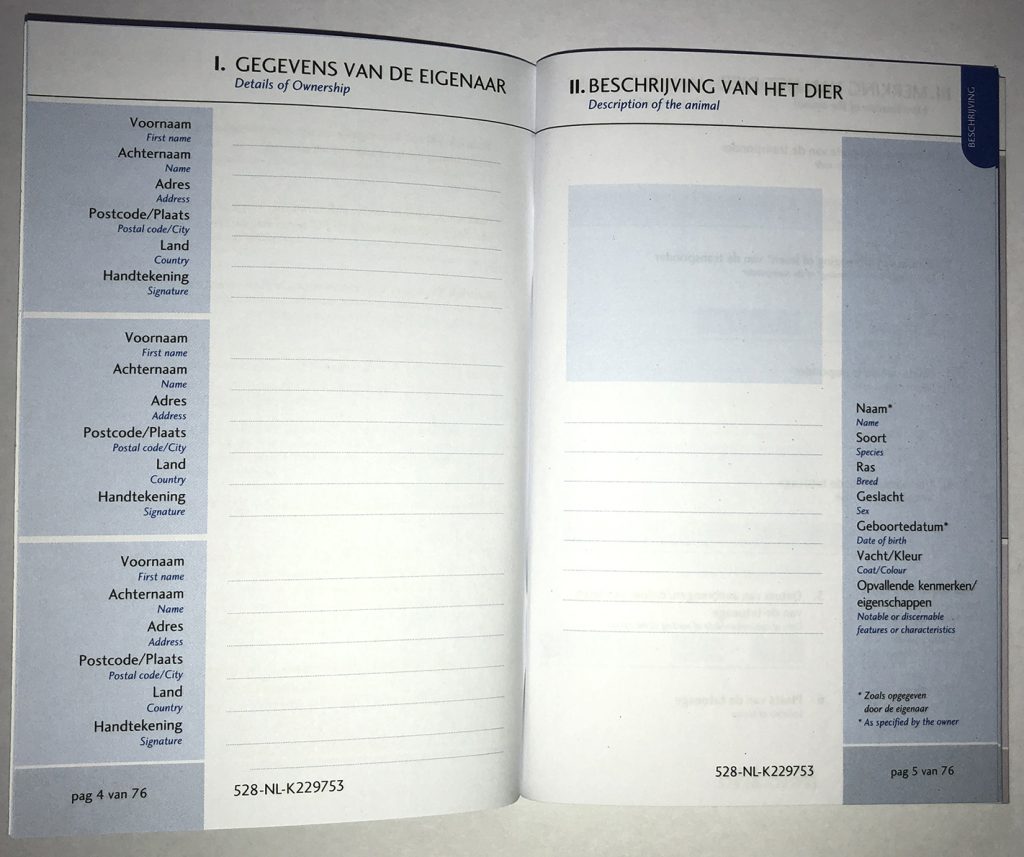 Dierenkliniek Tiel-Drumpt: officiële dierenpaspoort; Gegevens van de eigenaar