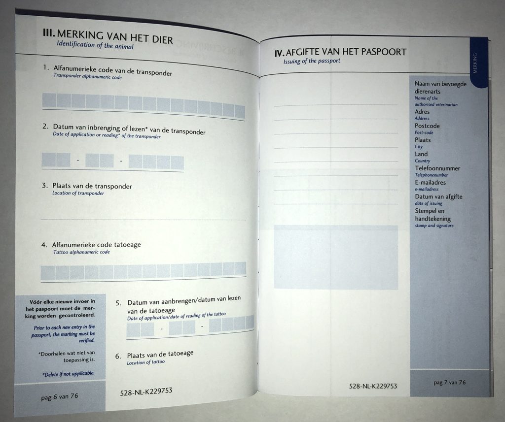 Dierenkliniek Tiel-Drumpt: officiële dierenpaspoort: Merking van het dier