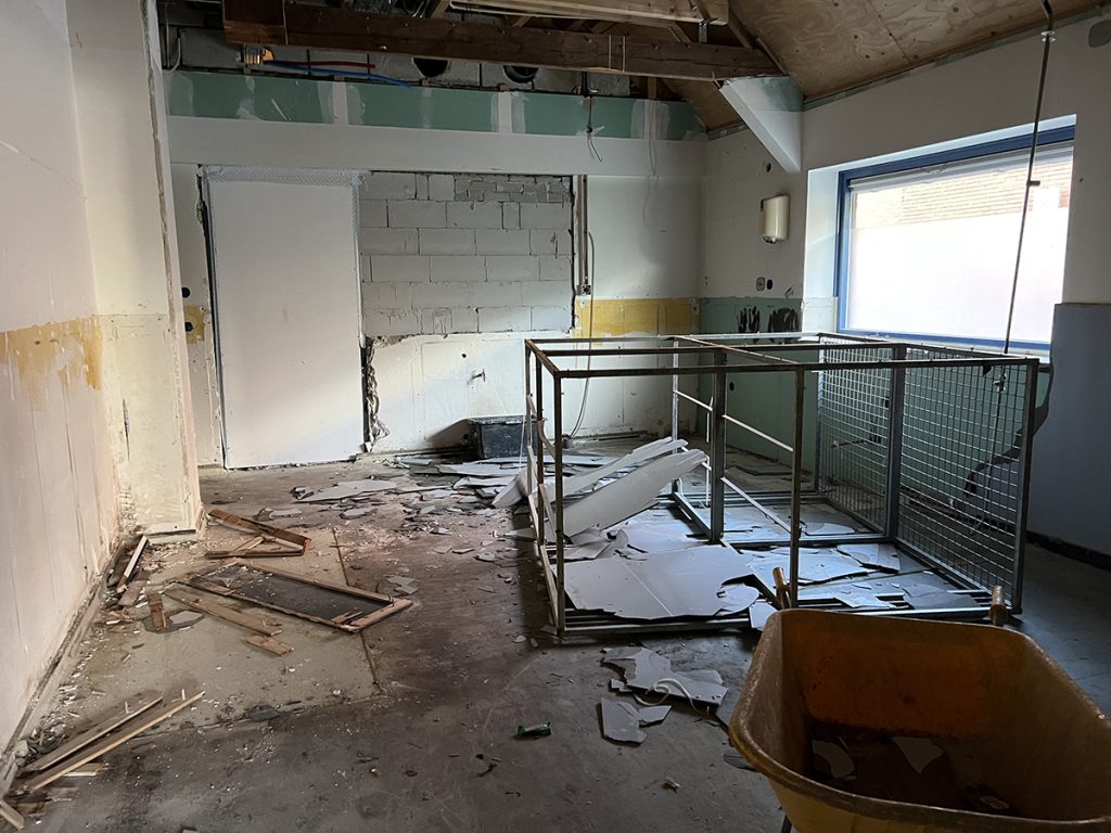 Dierenkliniek Tiel-Drumpt: 7 maanden in de verbouwing: oplossingen en vertraging: De hondenopname wordt gestript.