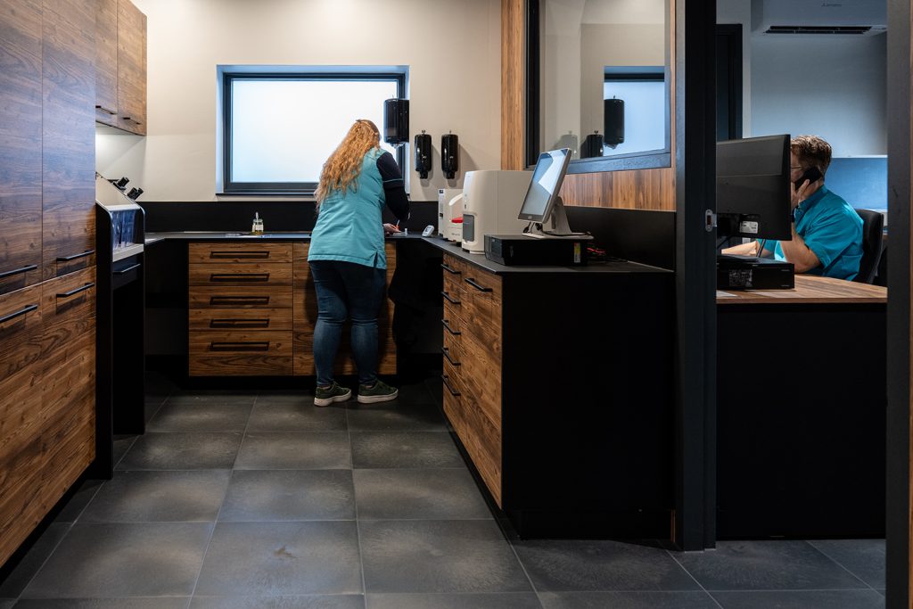 Dierenkliniek Tiel-Drumpt: Het laboratorium: Lotte een snaptest aan het inzetten.